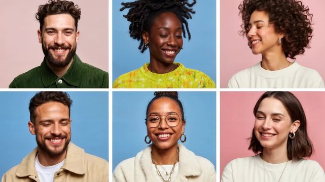 Grid of diverse smiling professionals posed against clean studio backgrounds modern team portrait concept ideal for corporate websites human resources campaigns coworking hubs and inclusive
