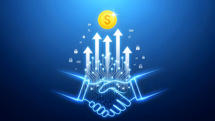 A glowing blue illustration of hands cradling arrows and a coin symbolizing growth and finance on a dark background