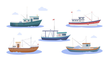 fishing boats set. nautical seafood industry boats isolated on white background, fishery attributes. vector cartoon graphics.
