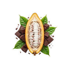 Cocoa fruit with dark chocolate and leaves