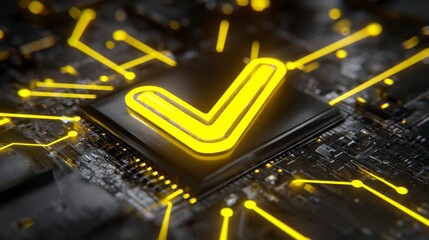 Close-up of a digital circuit board with a glowing neon checkmark, showcasing technology and verification