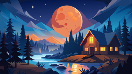 Cozy cabin under full moon in mountainous landscape