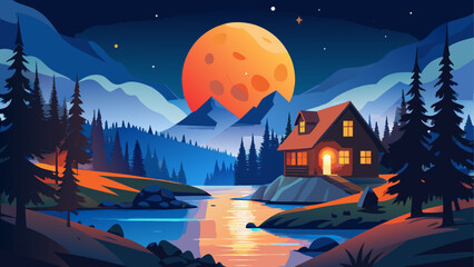 Cozy cabin by the lake under the full moon