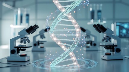 Futuristic DNA Visualization in an Advanced Biotechnology Laboratory