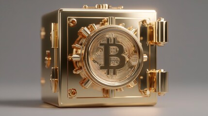 A golden, vault-like cube with a large Bitcoin symbol in its circular door, against a grey backdrop. The detail is polished