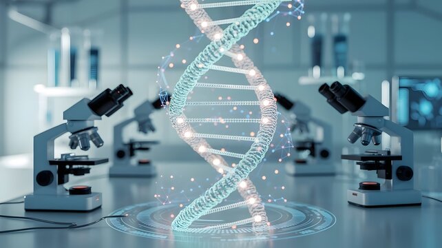 Futuristic DNA Visualization in an Advanced Biotechnology Laboratory - Powered by Adobe