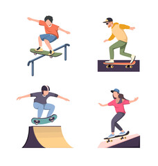 skateboarders set. urban outdoor extreme activity, teenagers in action poses making stunts on skateboard performing tricks in skatepark. vector concept collection
