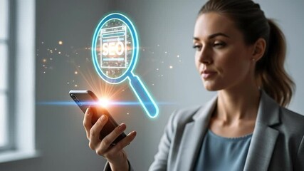 Young Caucasian businesswoman holding a smartphone with a glowing holographic SEO search icon, representing digital marketing and online optimization strategy.