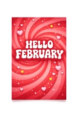 Hello February Red Swirl Background with Playful Typography