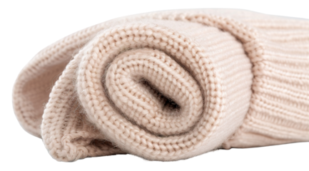 A soft wool sleeve is rolled up perfectly, showcasing its cozy texture. This element is isolated against a transparent background, ideal for design applications