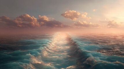 A scenic ocean vista shows a frothy wake leading towards the horizon where soft clouds are lit by the setting or rising sun