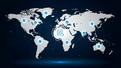 Global network connections on a world map with blue dots and lines