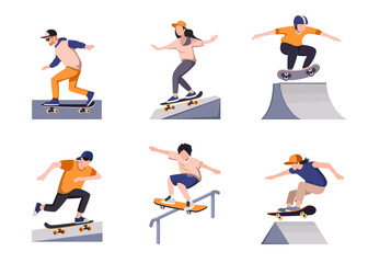 skateboarders set. teenagers in action poses making stunts on skateboard, urban outdoor extreme activity, performing tricks in skatepark. vector concept collection