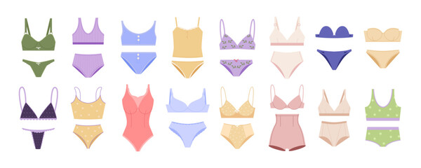 women's lingerie big set. bikini underpants, brassiere, elegant and sexy feminine nightwear. vector cartoon graphics.