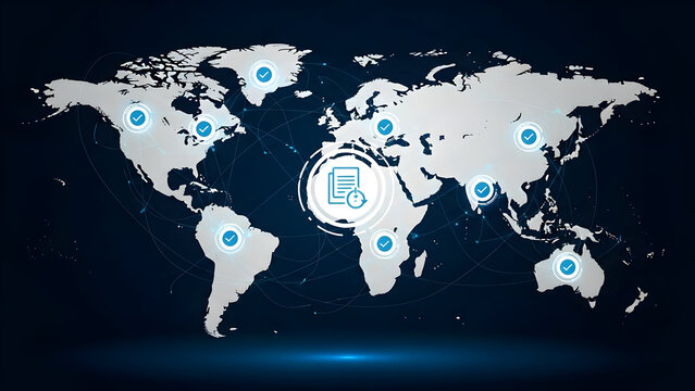Global network connections on a world map with blue dots and lines - Powered by Adobe