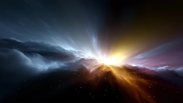a powerful solar flare-like explosion of energy suspended in deep space. The scene is horizontally oriented and