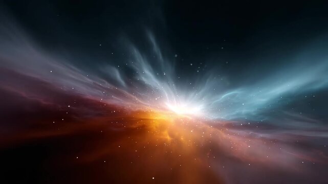 a powerful solar flare-like explosion of energy suspended in deep space. The scene is horizontally oriented and centered around