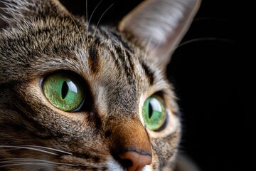 Close up of a domestic cat with striking green eyes against a dark background