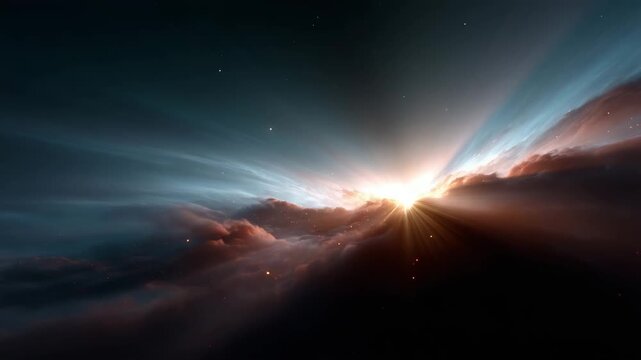 A powerful solar flare-like explosion of energy suspended in deep space. The scene is horizontally oriented and centered around