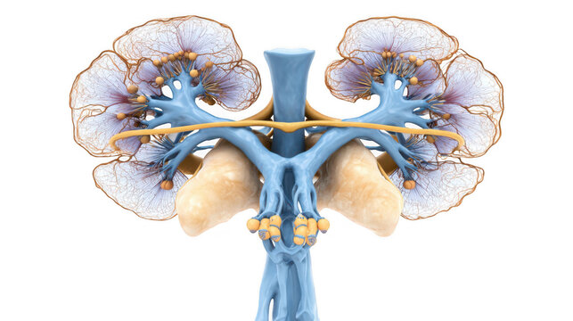 Medical illustration depicting the hypothalamic pituitary axis, highlighting the pituitary gland's connection to adrenal glands and their role in hormone regulation, on a transparent background