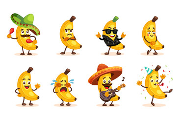 banana characters set. funny cute banana characters in different poses, dancing, having fun, happy childish heroes collection. vector cartoon illustration.