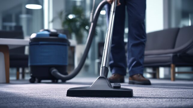 Close-up of person's legs and vacuum cleaner cleaning an office carpet. Focus on the cleaner's head