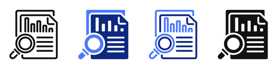 Vector icon or logo of report with graph and magnifying glass related to business data analytics and statistics. Symbol for website or app UI, logo design, illustration
