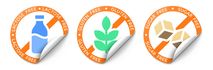 Vector illustration of gluten, lactose, sugar free stickers related to allergy and intolerance symbols, healthy and organic nutrition, food product packaging