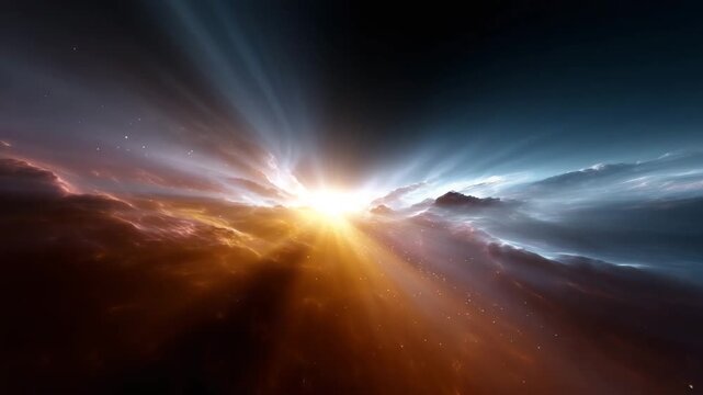 a powerful solar flare-like explosion of energy suspended in deep space. The scene is horizontally oriented and centered around 
