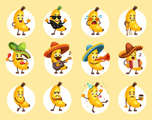 banana characters. banana characters in different poses, dancing, having fun, funny cute happy childish heroes collection. vector cartoon illustration.