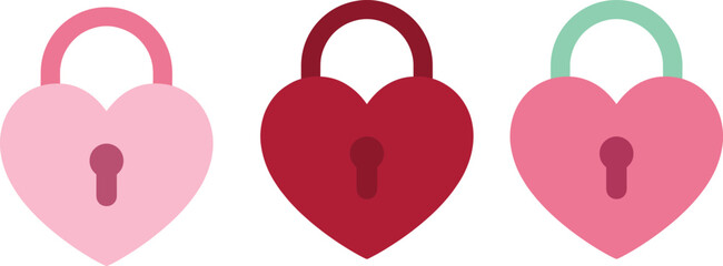 Heart shaped lock icons set, pink red romantic love security symbols isolated white background for valentine wedding design concepts