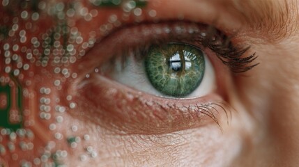 Extreme closeup captures a human eye merging with printed circuit board elements