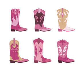 Pink cowgirl boots. rodeo decorative footwear collection, western fashion shoes. vector cartoon set of isolated objects.