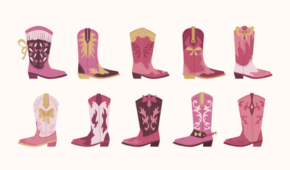 Pink cowboy boots. western fashion shoes, rodeo decorative footwear collection. vector cartoon set of isolated objects.
