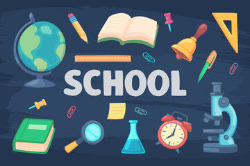 school stationery set. childish back to school concept, school supplies, pens notebooks, paper, pencil etc. vector cartoon flat collection.