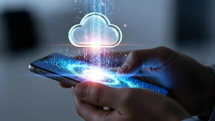 Digital cloud data streaming to a smartphone held by hands, representing mobile technology and secure online storage. - Powered by Adobe