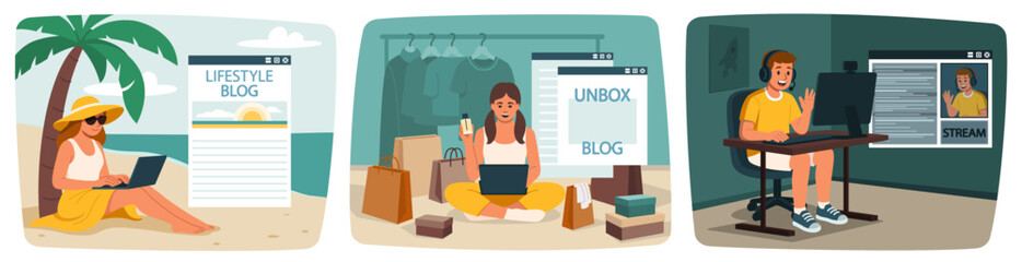 Blogger characters collection. female and male characters live stream with followers, travel blog, fitness blog, creating video contend, live stream translation. vector cartoon graphics.