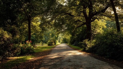 Obraz premium Sun-dappled rural road winding through a lush green forest path at sunset
