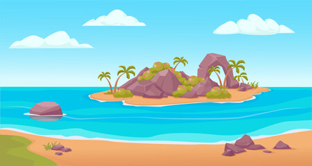 Tropical island landscape. ocean landscape isolated islands, seaside beautiful trip view, exotic beaches. vector cartoon island background