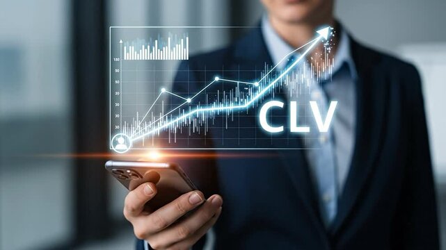 Businesswoman holding smartphone displaying holographic CLV growth chart, representing customer lifetime value increase and digital marketing success