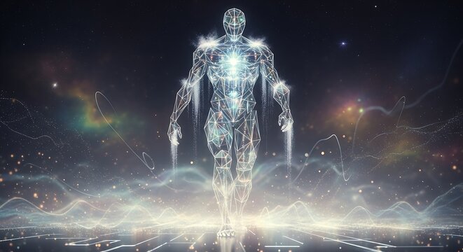 Futuristic Humanoid Figure Ascending in a Cosmic Nebula.
