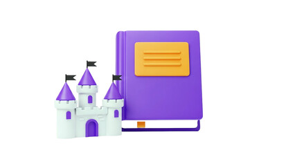 3D Fairy Tale Castle Next to a Purple Book on transparent background