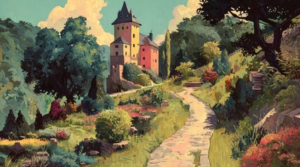 A winding stone path leads to a colorful castle nestled among lush greenery, flowers, and trees under a cloudy sky