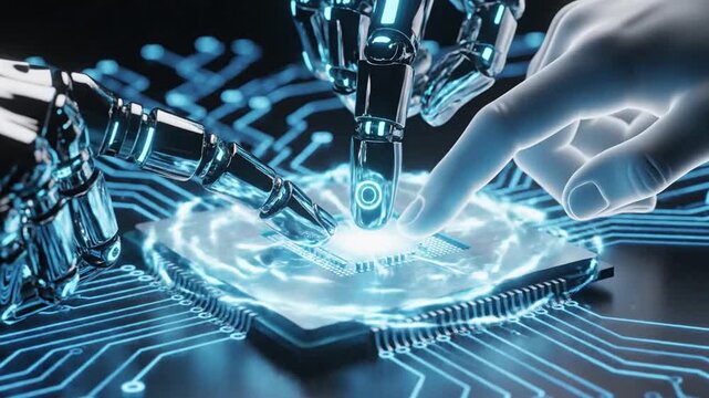 P28-Human hand touching CPU. Artificial intelligence internet connection technology design. Ai finger ro 4K 10s