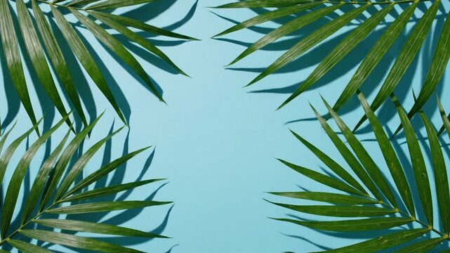 P279-tropical palm leaves with shadow on blue background minimal nature summer d flat lay free copy 4K 10s