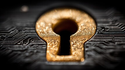 Extreme close up shows a golden keyhole set into a dark electronic circuit board