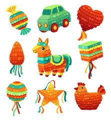 festive pinatas set. traditional party decorations, paper toys with confetti, candies, holiday celebration childish shapes. vector cartoon flat collection.