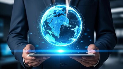 Businessman in a suit holding a digital tablet with a glowing blue holographic Earth globe emerging, symbolizing global technology and connectivity. - Powered by Adobe