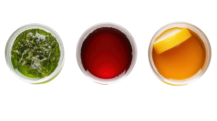 Three Japanese drinks including green tea yuzu juice and barley tea isolated on transparent background