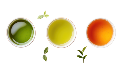 Three Japanese Drinks Including Green Tea, Yuzu Juice, and Barley Tea on transparent background